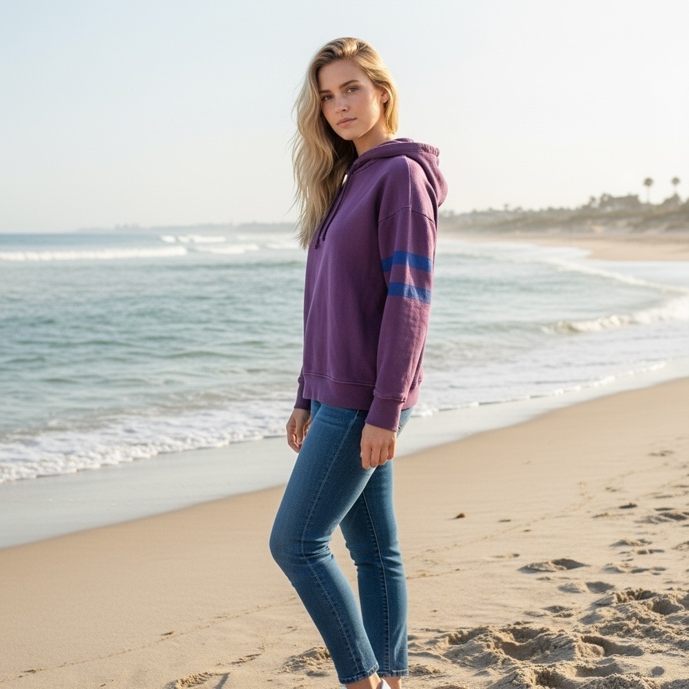 Anthropologie Sundry Purple Hoodie with Blue Stripes. Size 1 / U.S. Small #1963